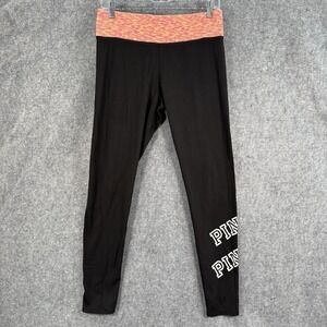 Victorias Secret Pink Yoga Leggings‎ Womens M Black Orange Spell Out Full Length